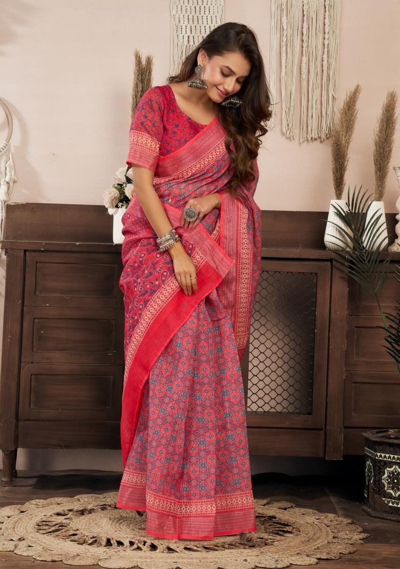 Pink Printed Linen Saree Set - Indya
