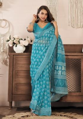 Sky Blue Printed Linen Saree Set