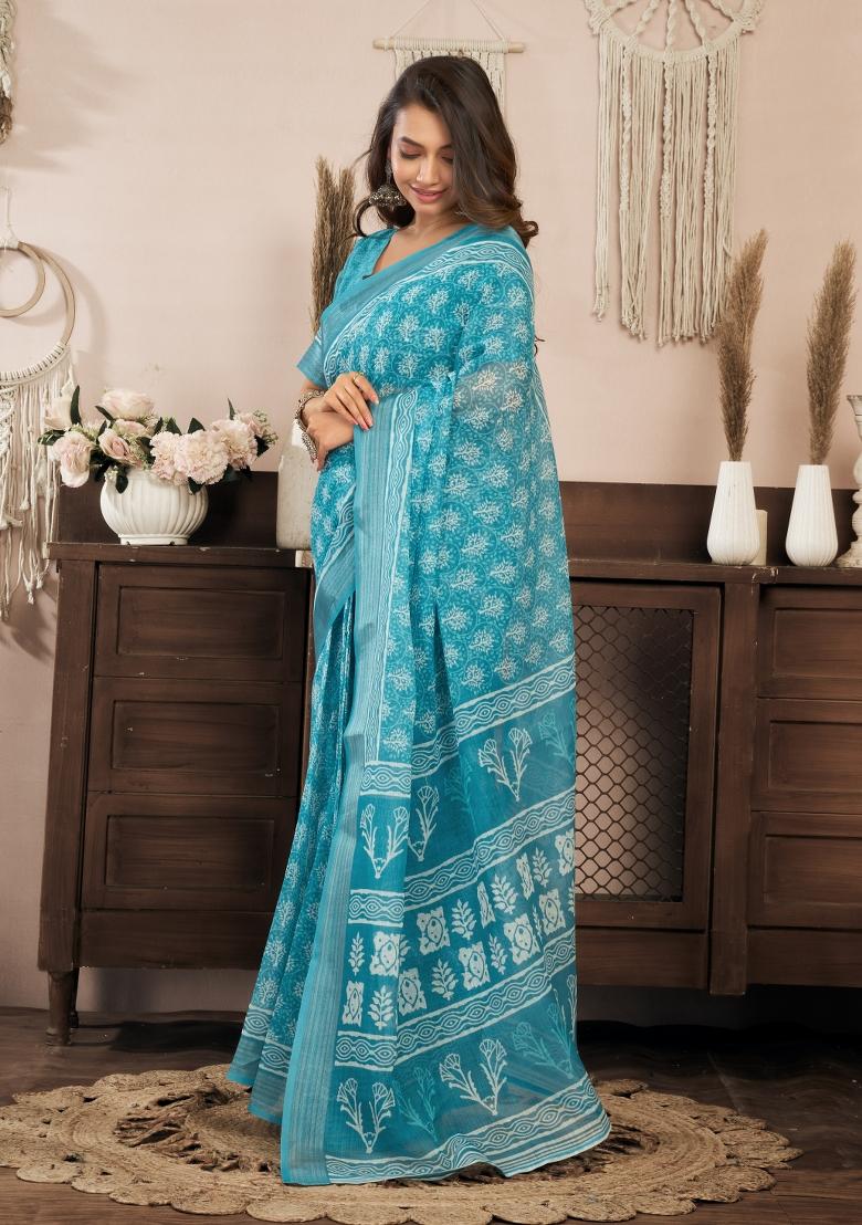Sky Blue Printed Linen Saree Set - Indya