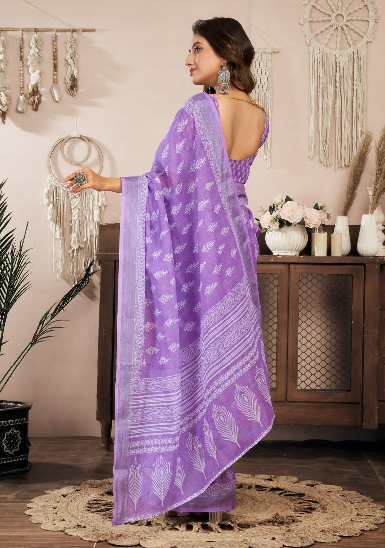 Lavender Printed Linen Saree Set - Indya