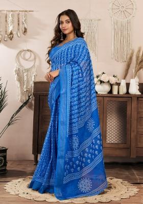 Royal Blue Printed Linen Saree Set