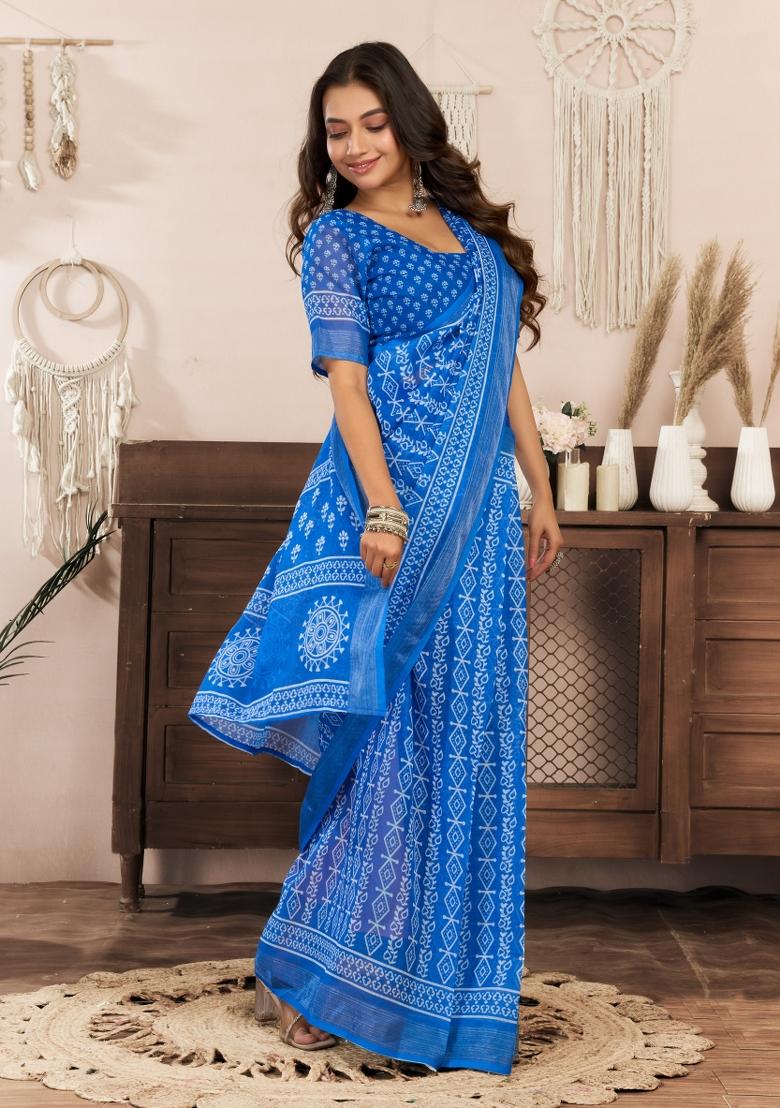 Royal Blue Printed Linen Saree Set - Indya
