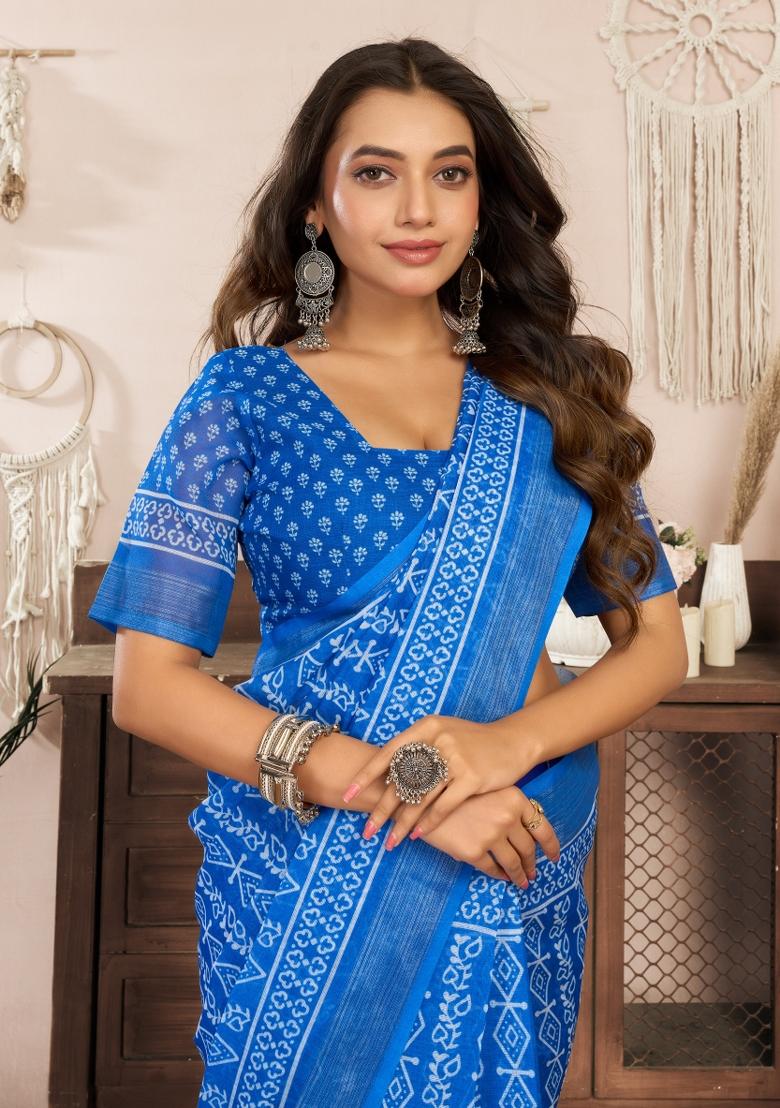 Royal Blue Printed Linen Saree Set - Indya