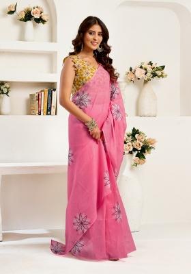 Pink Printed Linen Saree Set