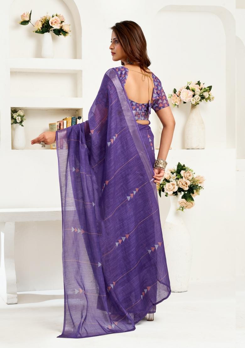 Dark Lavender Printed Linen Saree Set - Indya