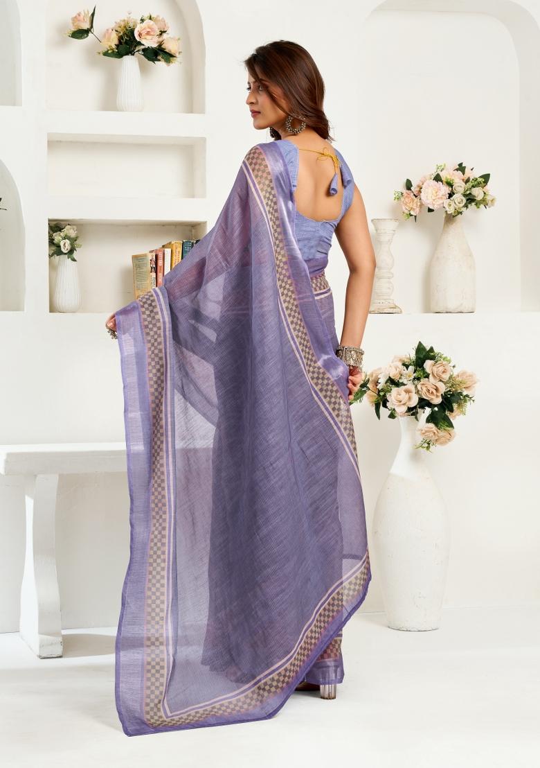 Light Lavender Printed Linen Saree Set - Indya