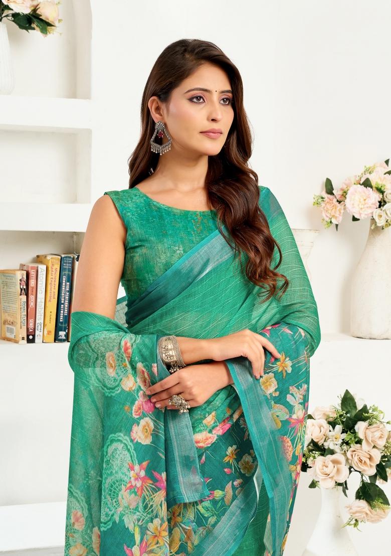 Teal Printed Linen Saree Set - Indya