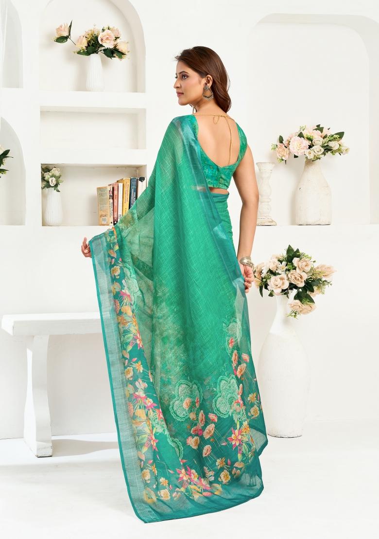 Teal Printed Linen Saree Set - Indya
