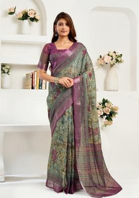 Sea Green Printed Linen Saree Set