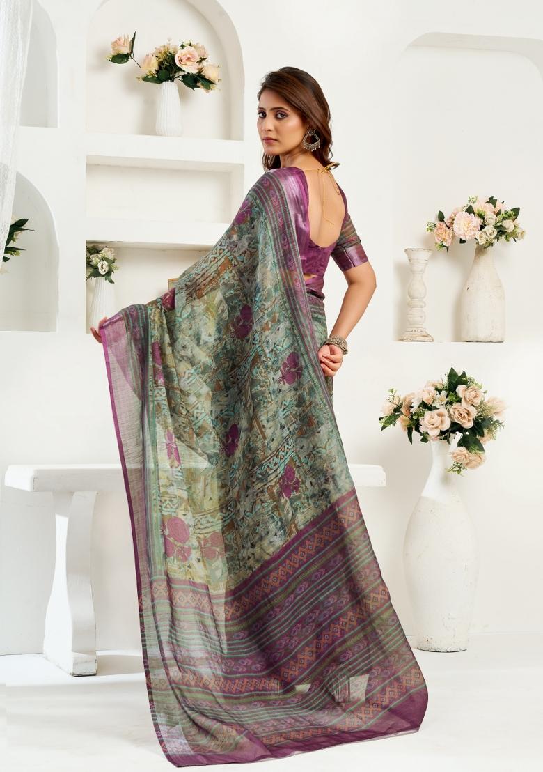Sea Green Printed Linen Saree Set - Indya
