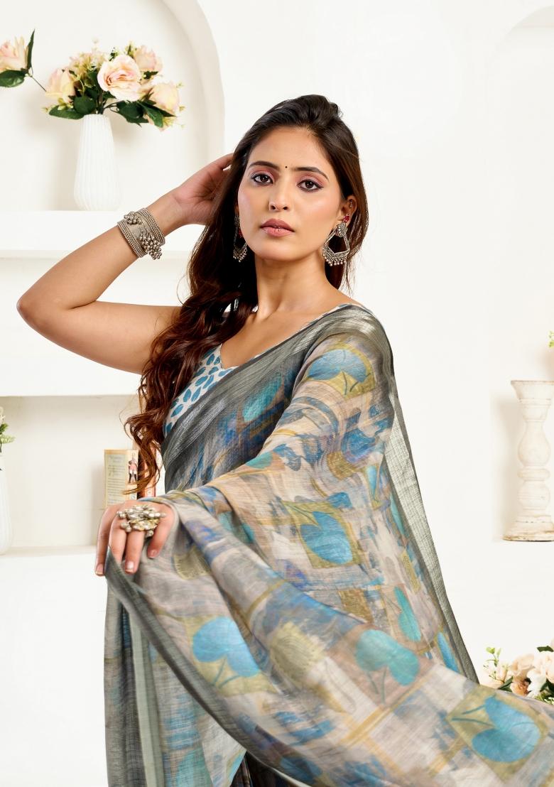 Grey Printed Linen Saree Set - Indya