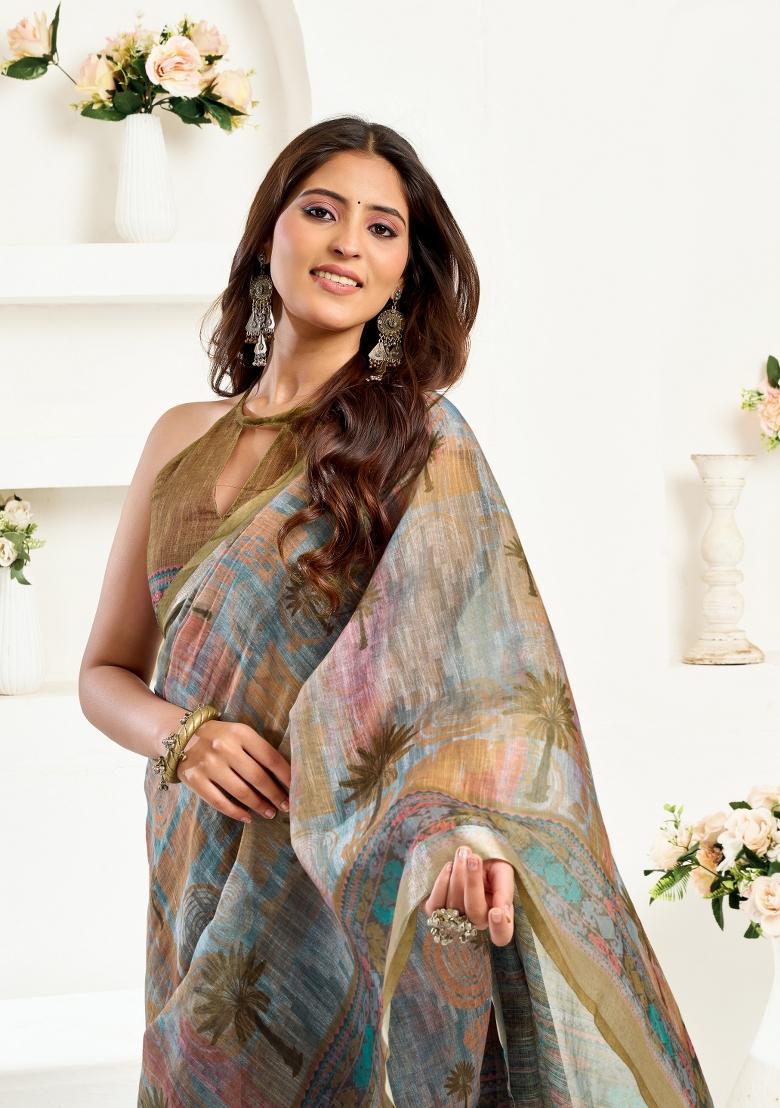 Grey Printed Linen Saree Set - Indya