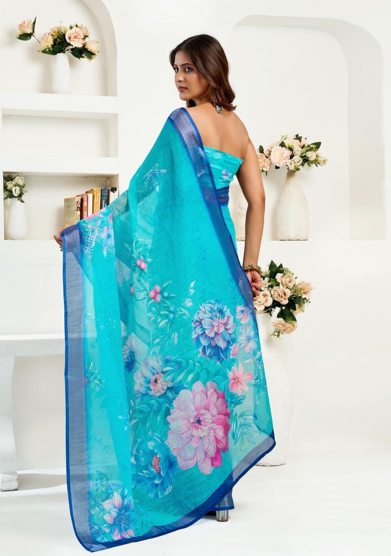 Sky Blue Printed Linen Saree Set - Indya