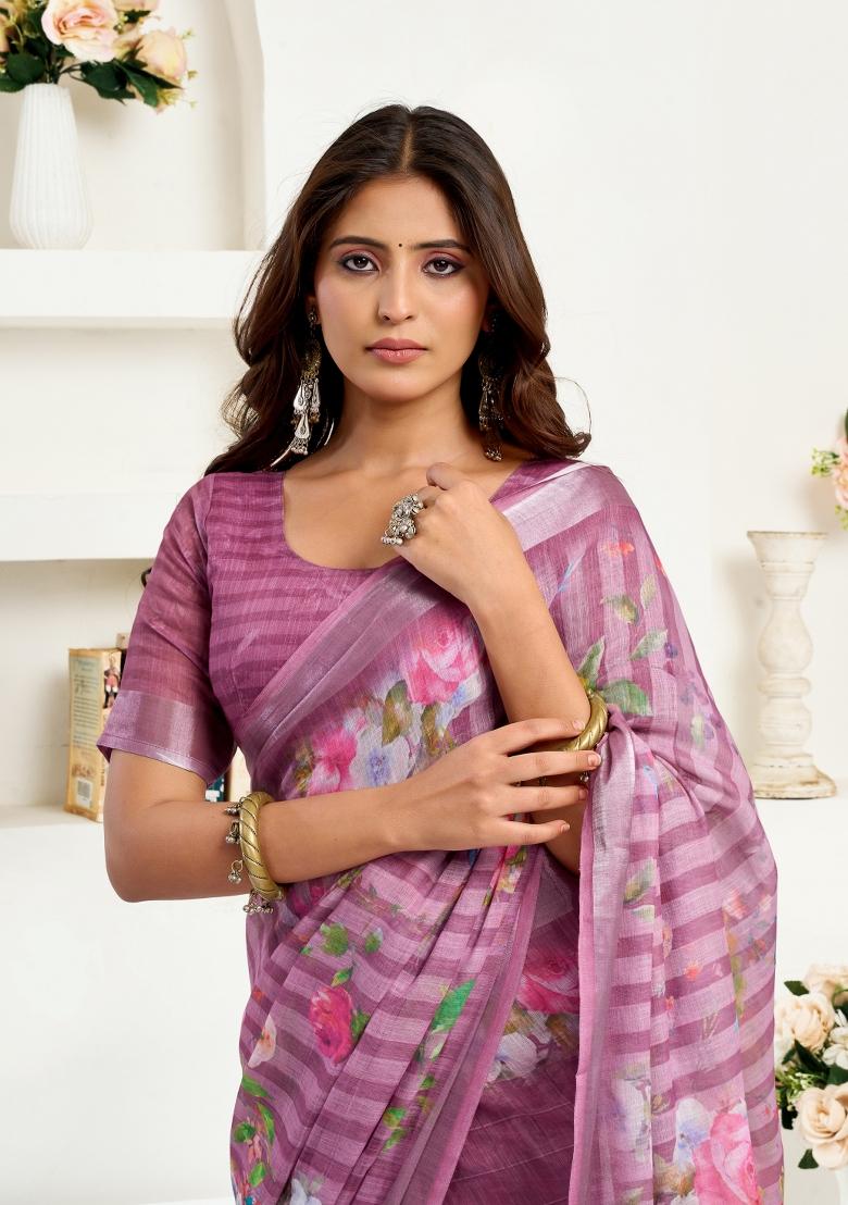 Purple Printed Linen Saree Set - Indya