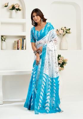 White Printed Linen Saree Set