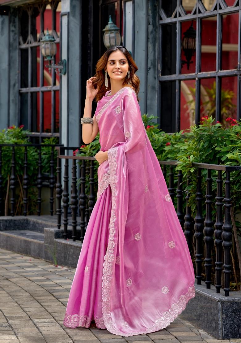 Baby Pink Embroidered Chiffon Saree Set - Indya