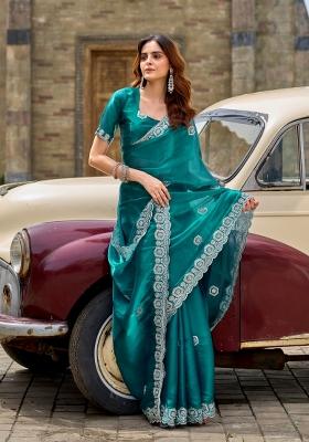 Teal Embroidered Chiffon Saree Set