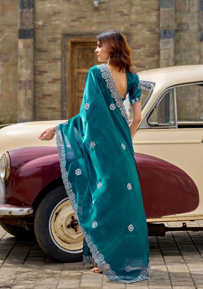 Teal Embroidered Chiffon Saree Set - Indya