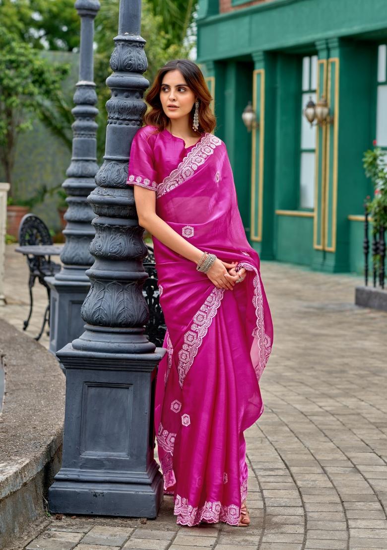 Rani Pink Embroidered Chiffon Saree Set - Indya