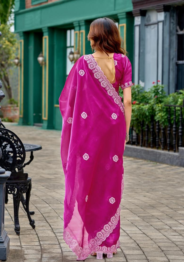 Rani Pink Embroidered Chiffon Saree Set - Indya