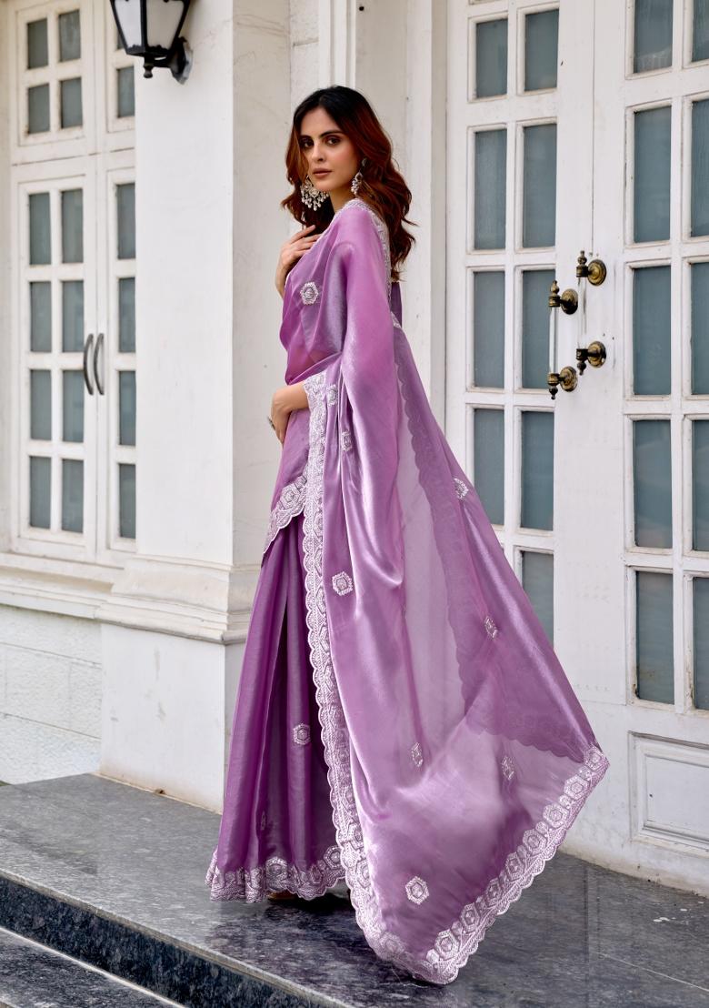 Lavender Embroidered Chiffon Saree Set - Indya