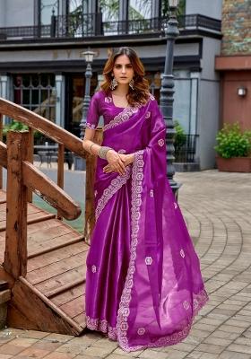Purple Embroidered Chiffon Saree Set