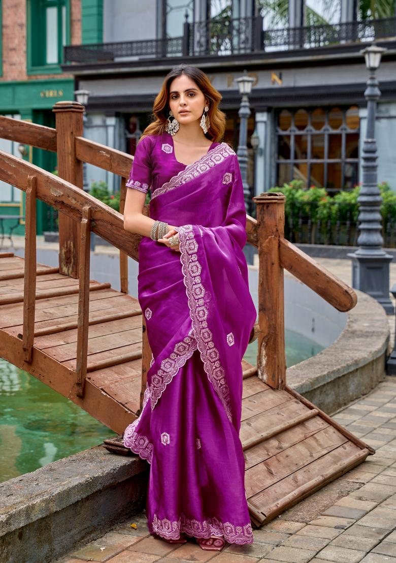 Purple Embroidered Chiffon Saree Set - Indya