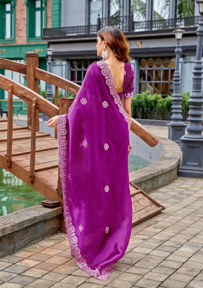 Purple Embroidered Chiffon Saree Set - Indya