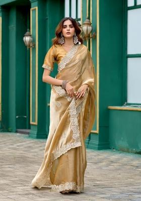 Golden Embroidered Chiffon Saree Set