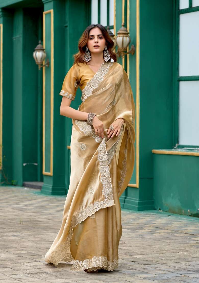 Golden Embroidered Chiffon Saree Set for Diwali and Festive Wear - Indya