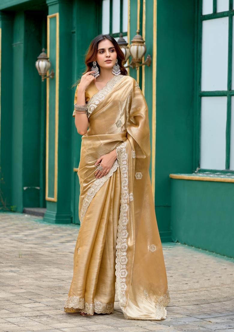 Golden Embroidered Chiffon Saree Set - Indya