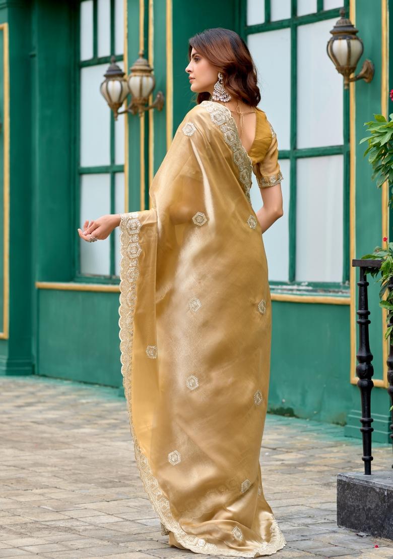 Golden Embroidered Chiffon Saree Set - Indya