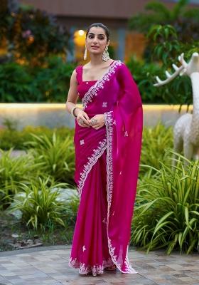 Rani Pink Embroidered Chiffon Saree Set