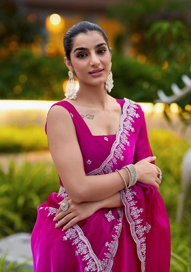 Rani Pink Embroidered Chiffon Saree Set - Indya