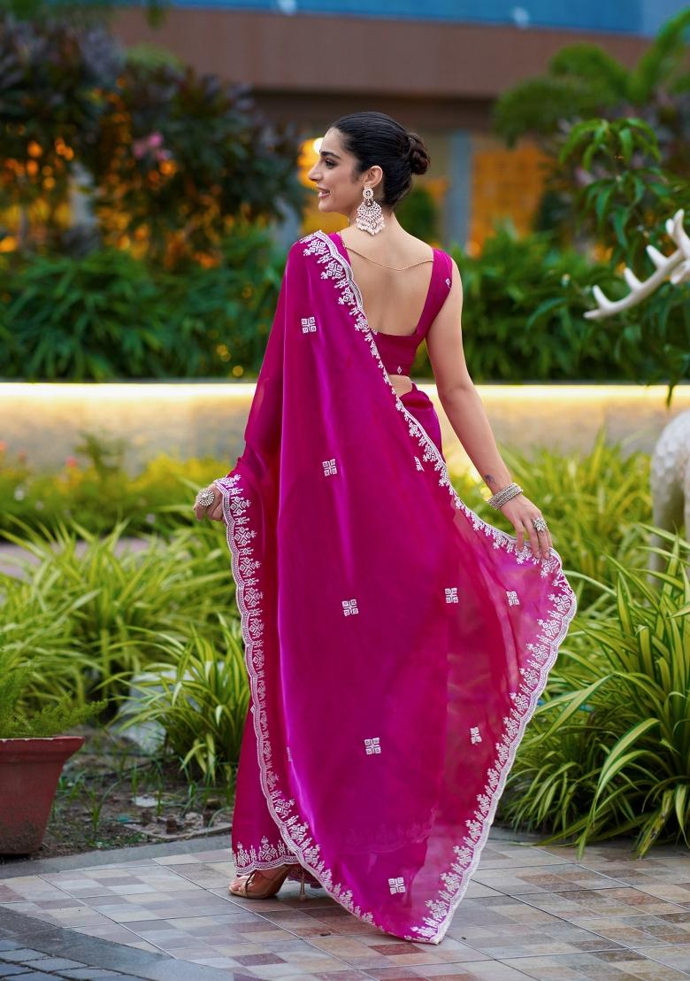 Rani Pink Embroidered Chiffon Saree Set - Indya