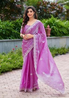 Lavender Embroidered Chiffon Saree Set