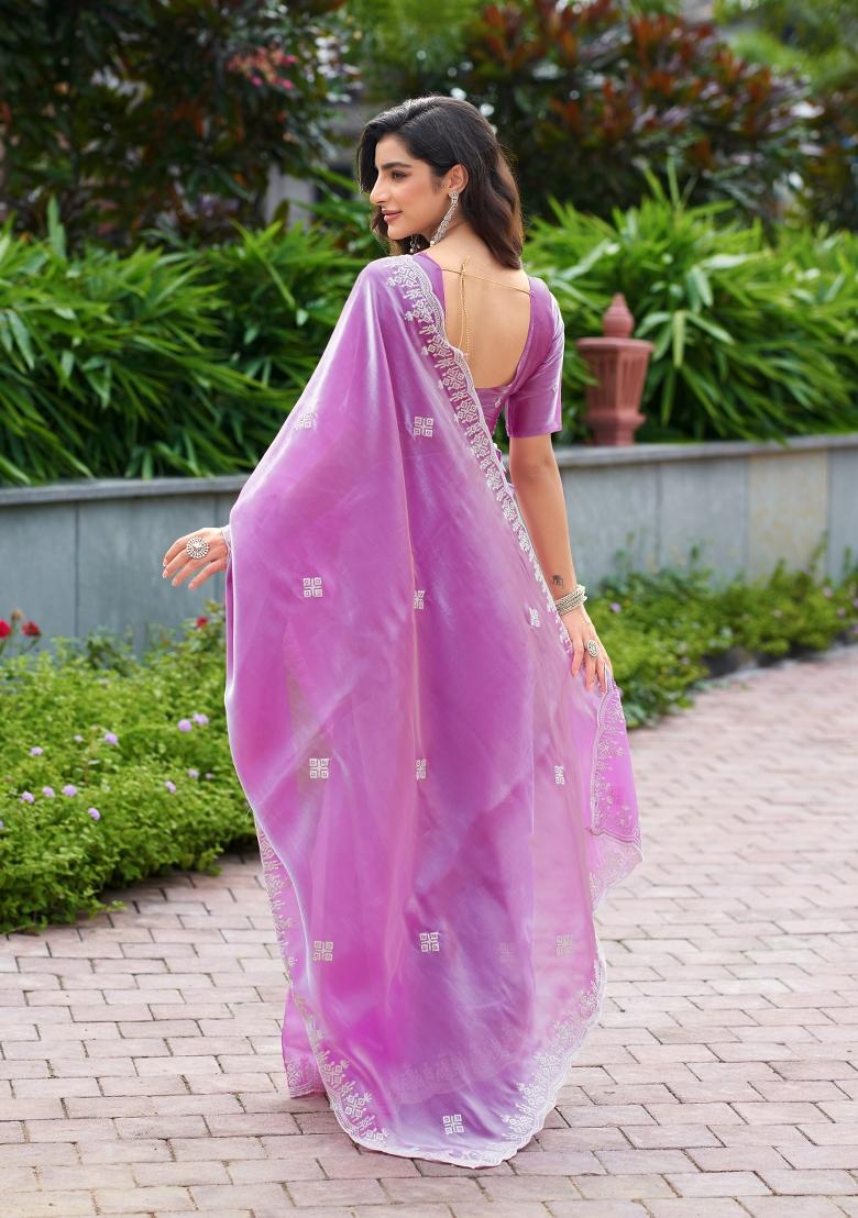 Lavender Embroidered Chiffon Saree Set - Indya