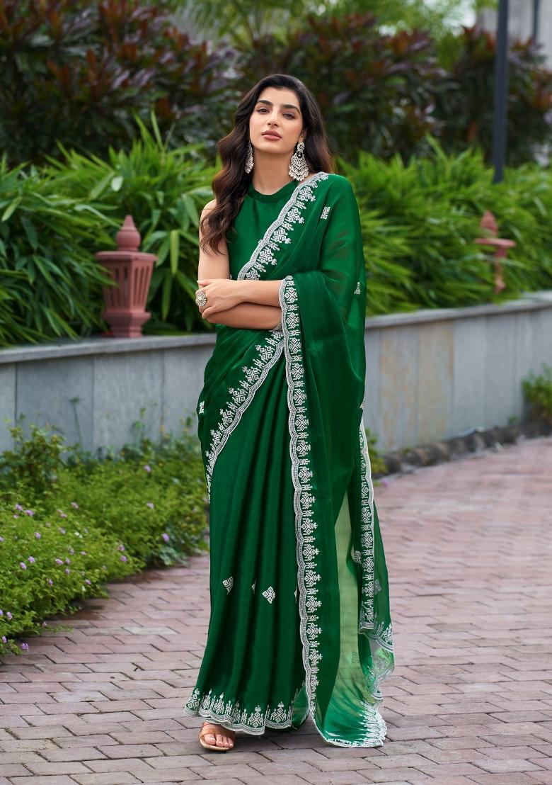 Green Embroidered Chiffon Saree Set - Indya