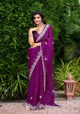Purple Embroidered Chiffon Saree Set