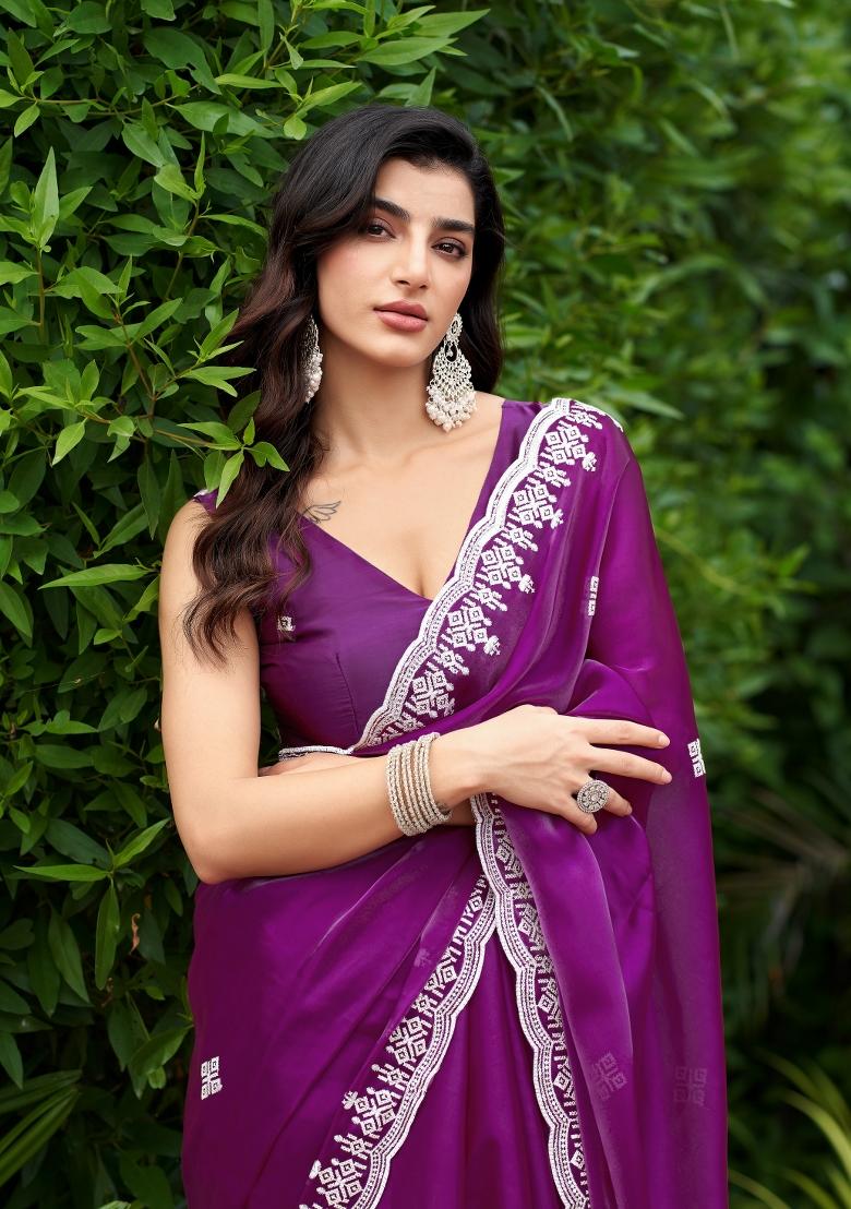 Purple Embroidered Chiffon Saree Set - Indya