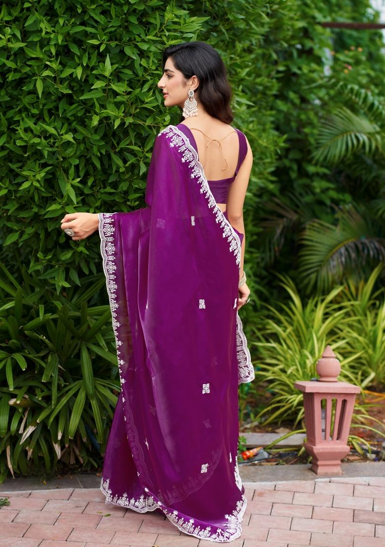Purple Embroidered Chiffon Saree Set - Indya