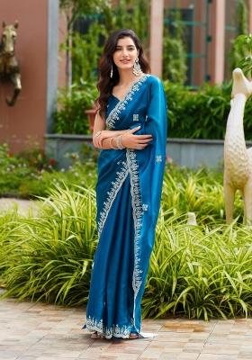 Turquoise Embroidered Chiffon Saree Set