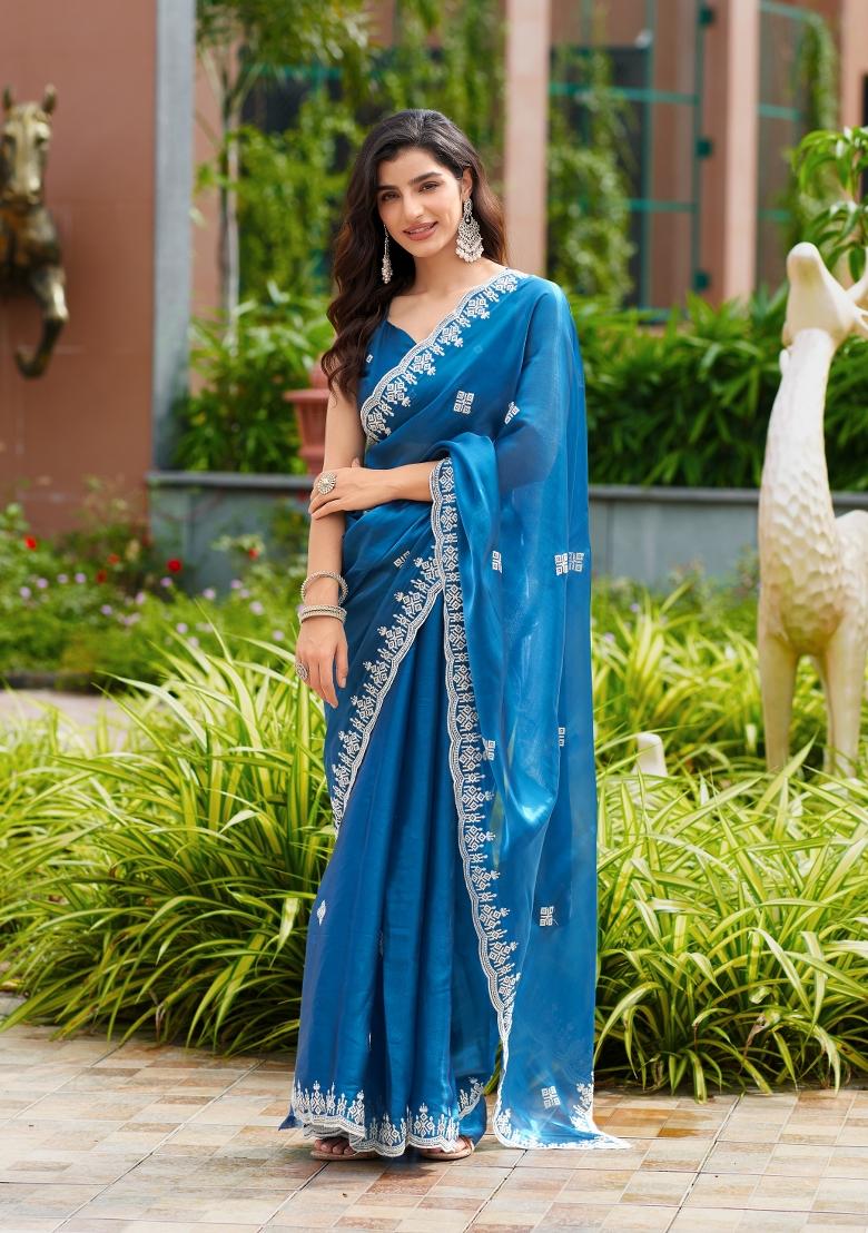 Turquoise Embroidered Chiffon Saree Set - Indya