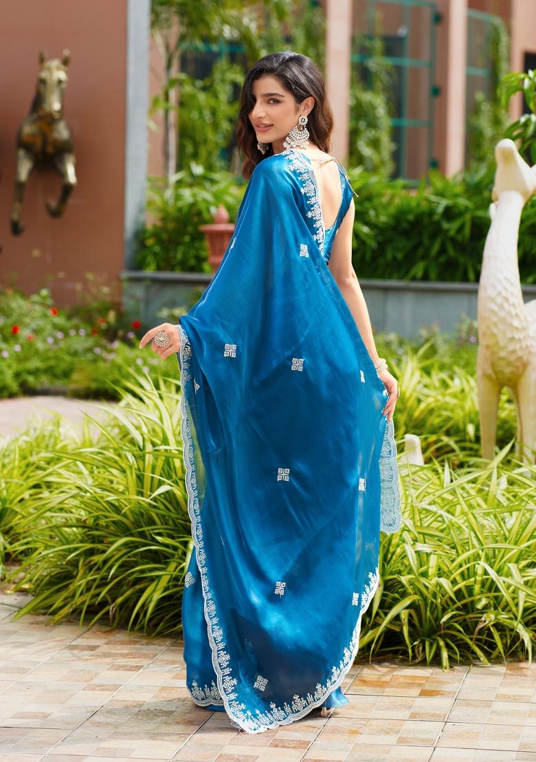 Turquoise Embroidered Chiffon Saree Set - Indya