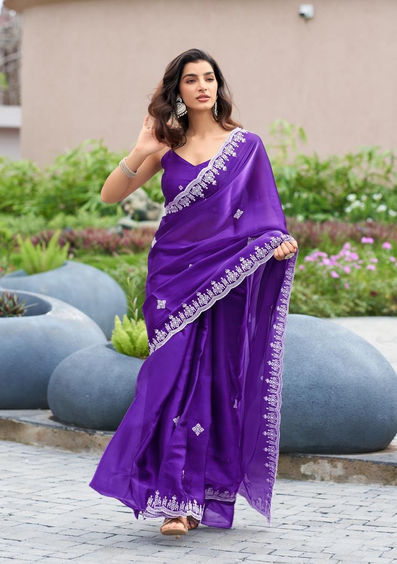 Plum Embroidered Chiffon Saree Set - Indya