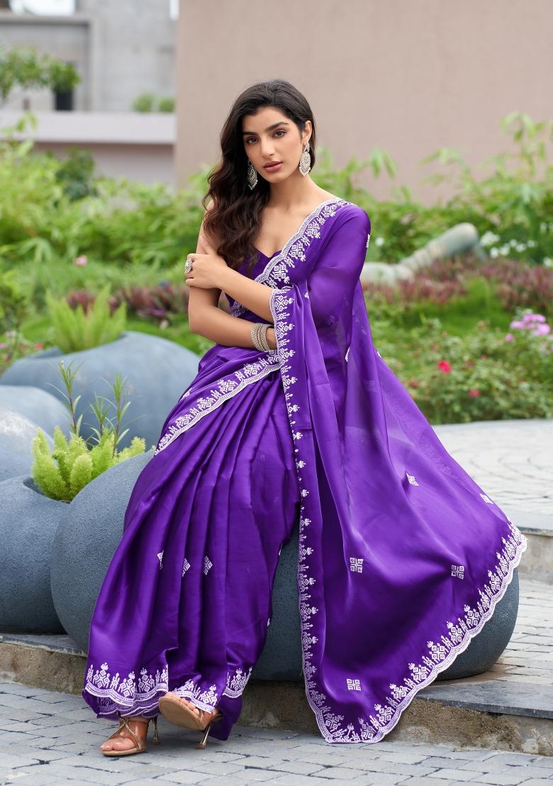 Plum Embroidered Chiffon Saree Set - Indya