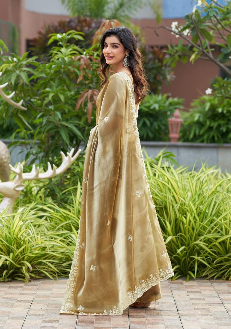 Golden Embroidered Chiffon Saree Set - Indya