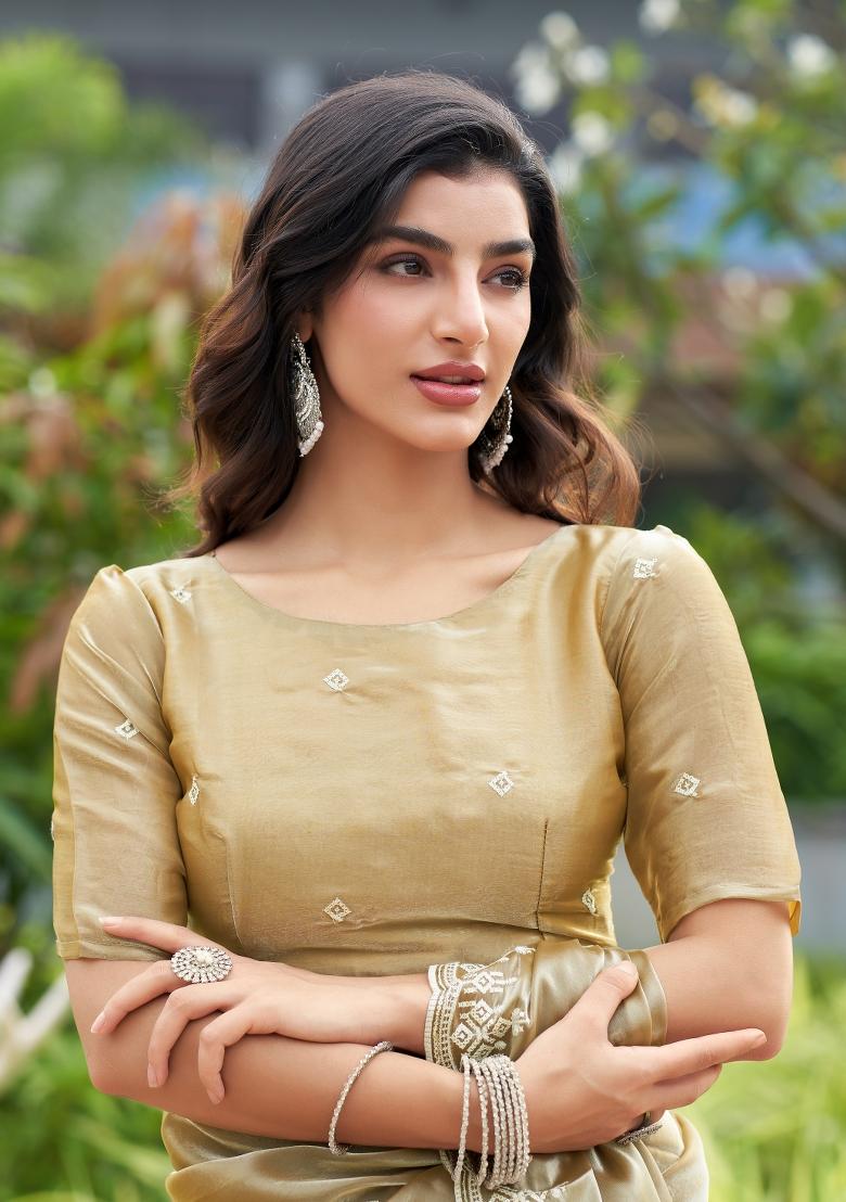 Golden Embroidered Chiffon Saree Set - Indya
