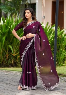 Wine Embroidered Chiffon Saree Set
