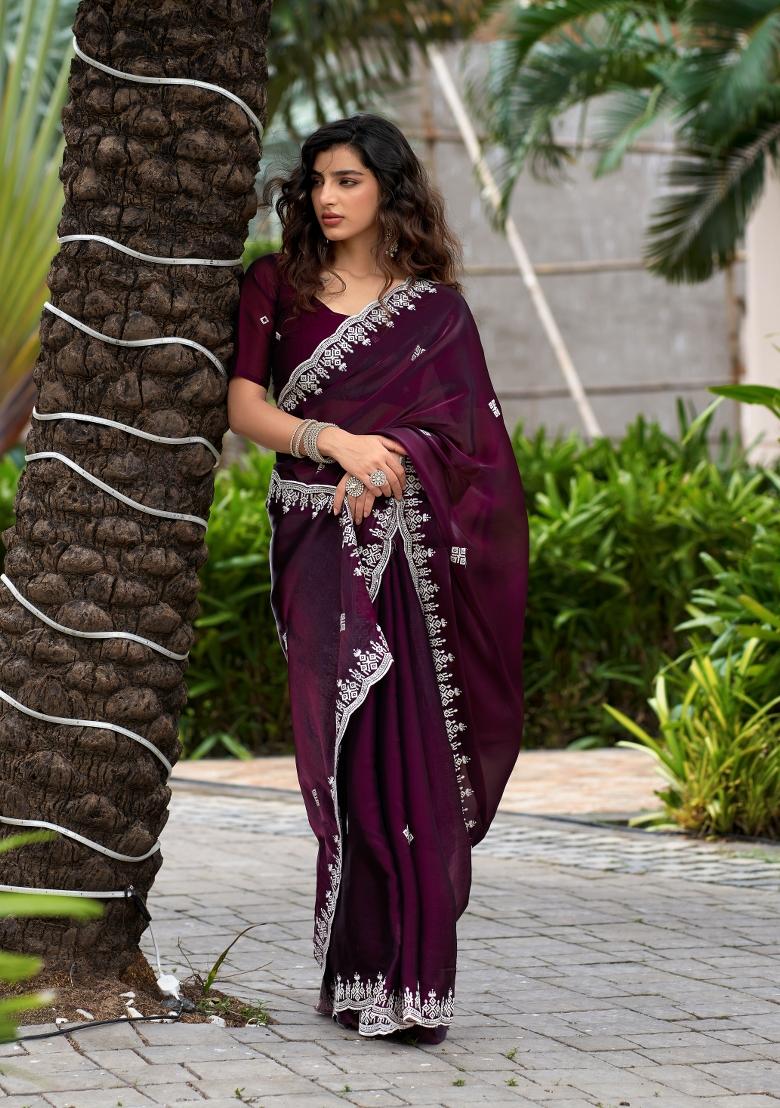 Wine Embroidered Chiffon Saree Set - Indya